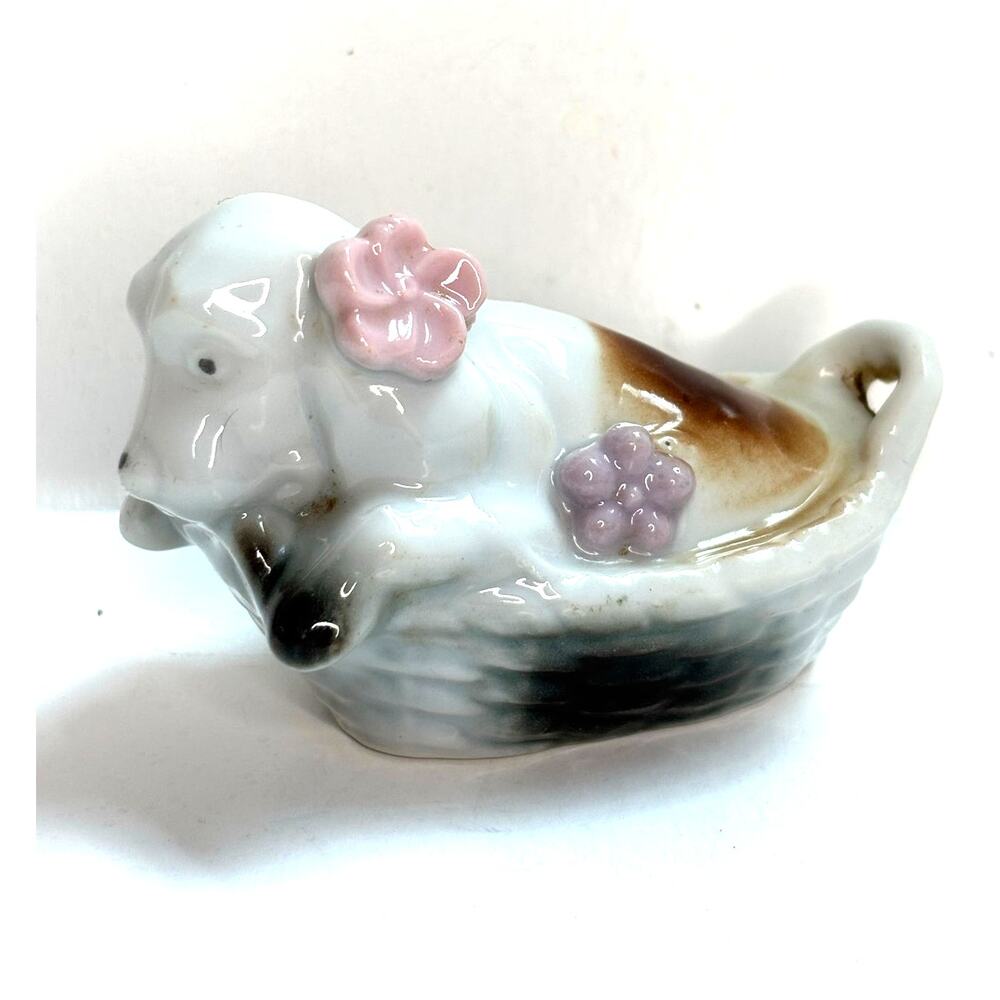 Vintage Made in Japan Puppy Dog Basket Flowers Porcelain Figurine